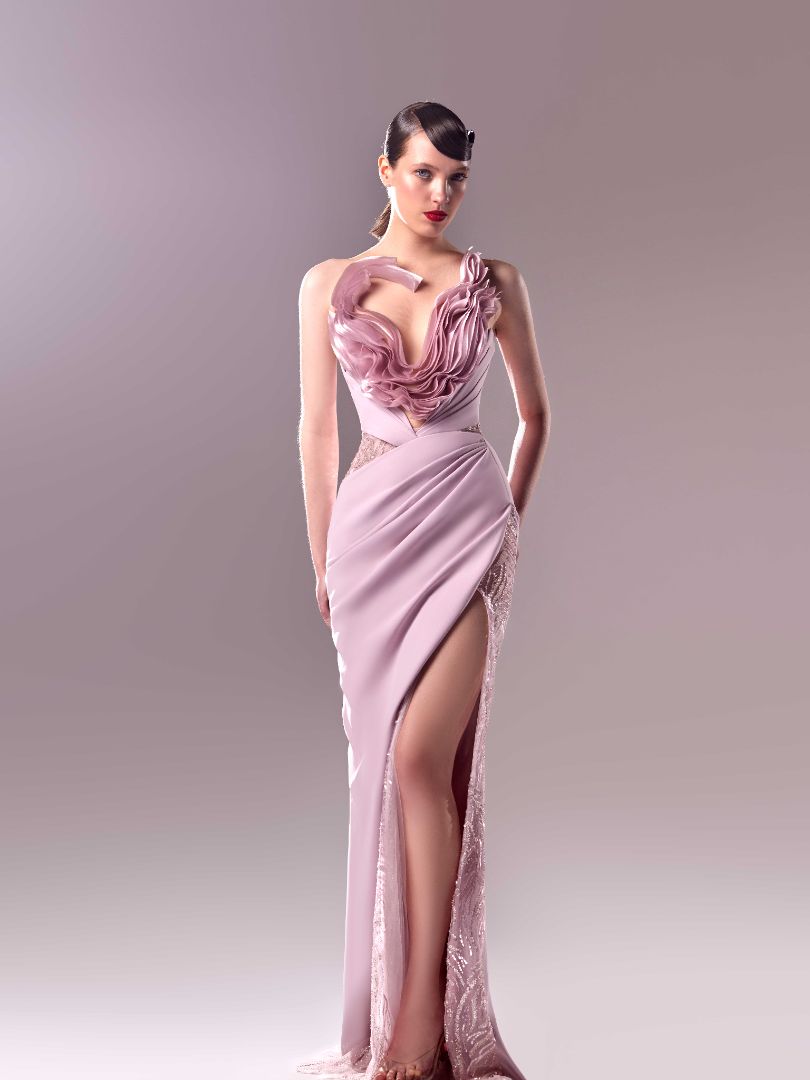Gaby Charbachy 1604: Lace and Organdie Pink Draped Dress for Elegant Occasions