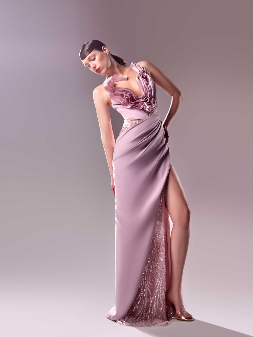 Gaby Charbachy 1604: Lace and Organdie Pink Draped Dress for Elegant Occasions