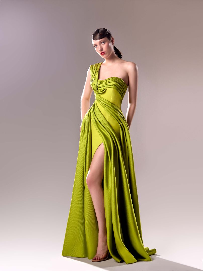 Gaby Charbachy 1606: Opulent Lime One Shoulder Draped Dress with Piqué Mikado & Crepe