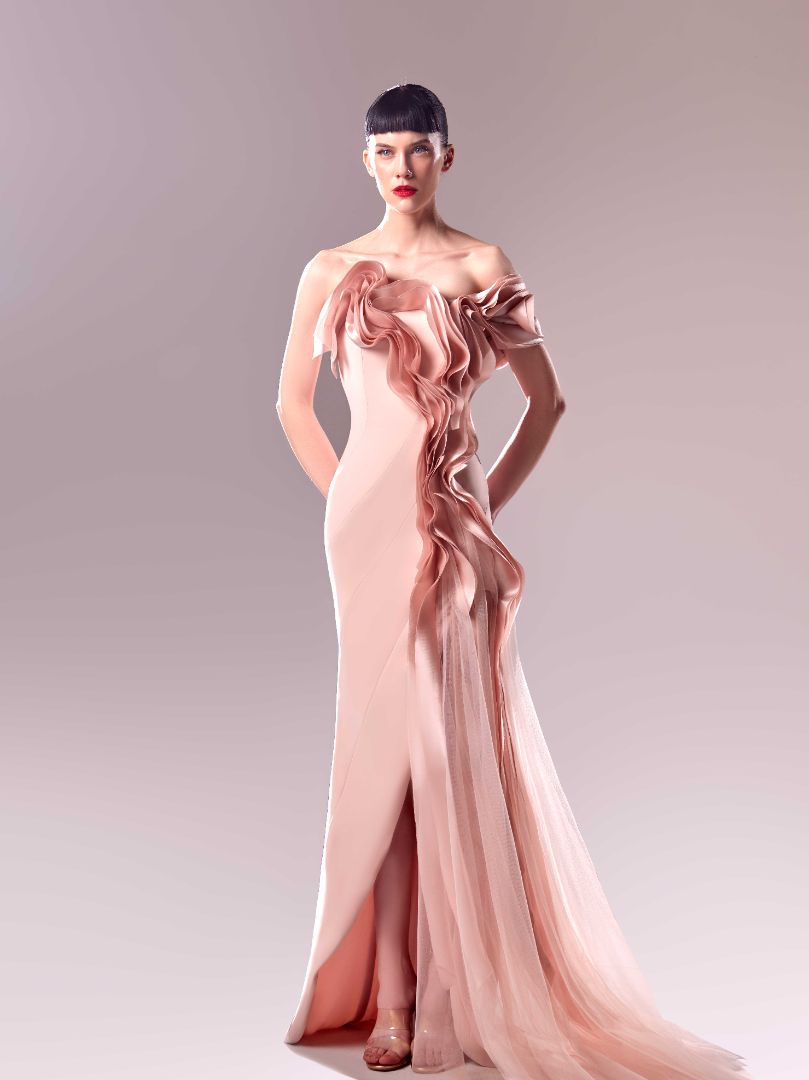 Gaby Charbachy 1622: Powder Pink Gown With Organdie Inserts and Tulle Detailing