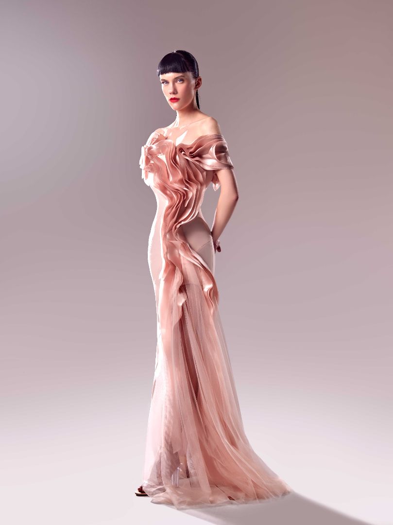 Gaby Charbachy 1622: Powder Pink Gown With Organdie Inserts and Tulle Detailing