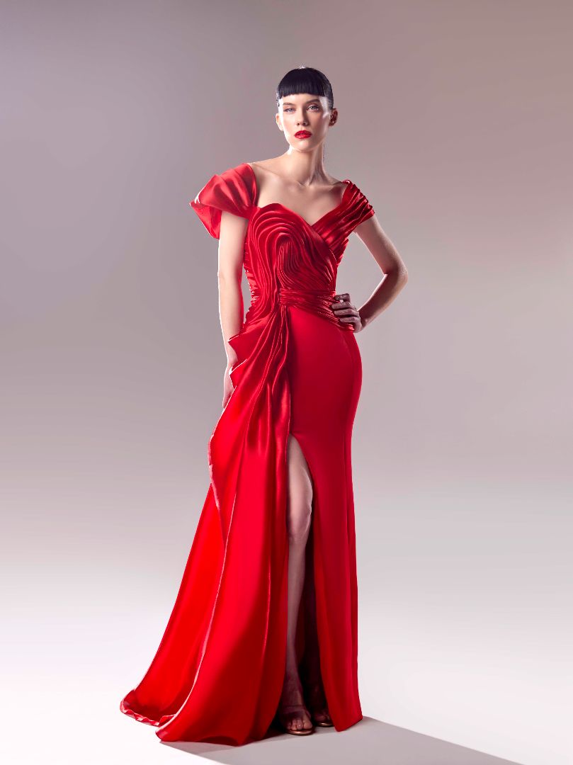 Gaby Charbachy 1624: Off the Shoulder Organza Draped Crepe Dress: Classic Elegance Meets Modern Allure