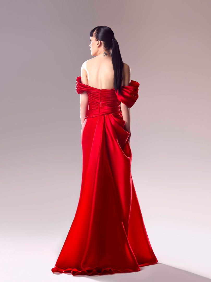 Gaby Charbachy 1624: Off the Shoulder Organza Draped Crepe Dress: Classic Elegance Meets Modern Allure