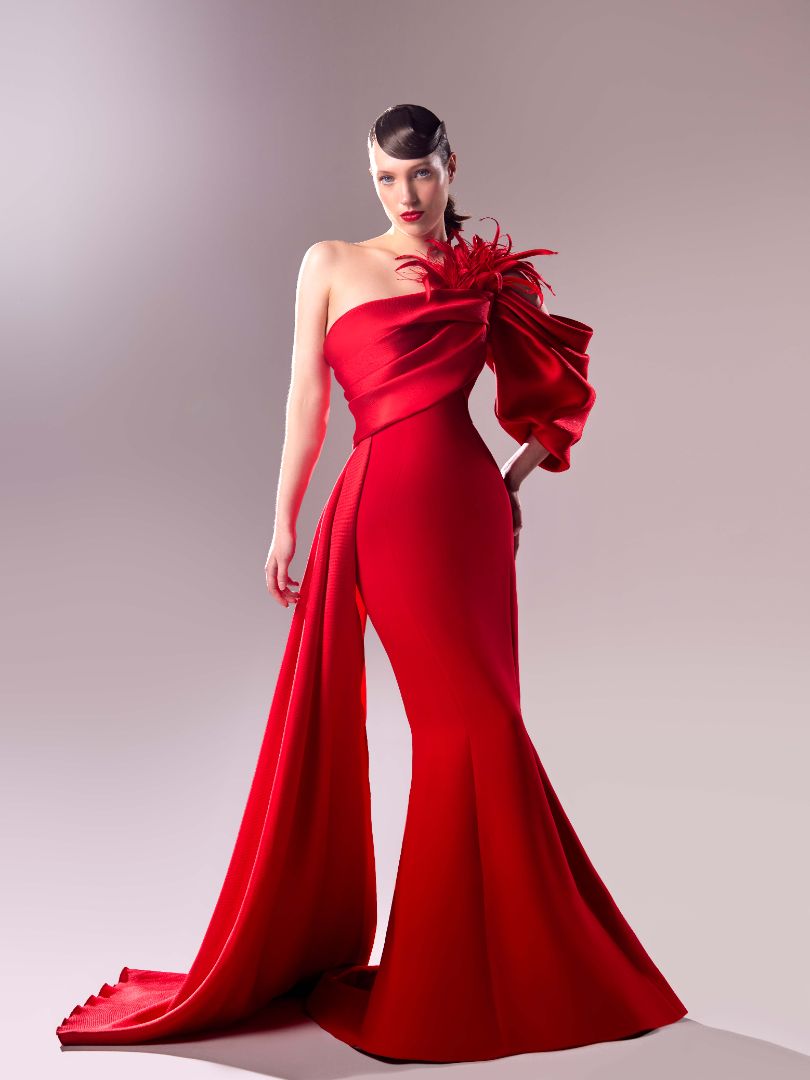 Gaby Charbachy 1629: One-sleeve Draped Mermaid Long Dress with Feather Accents