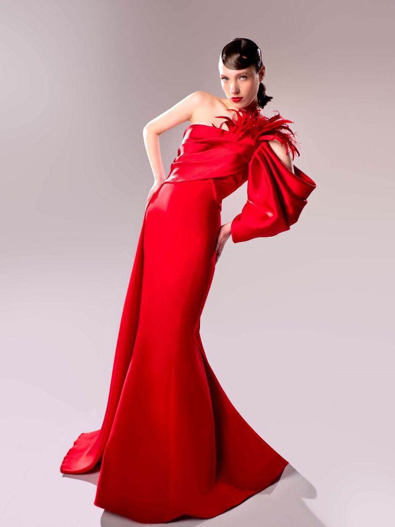 Gaby Charbachy 1629: One-sleeve Draped Mermaid Long Dress with Feather Accents