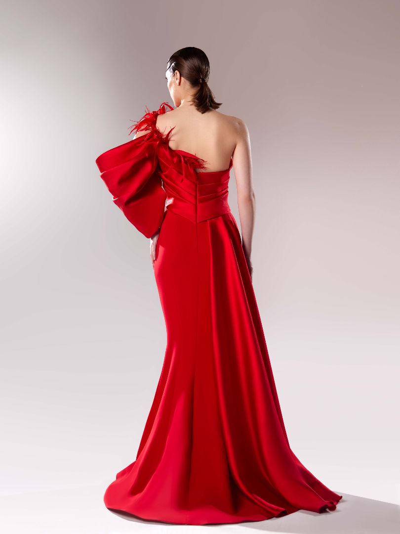 Gaby Charbachy 1629: One-sleeve Draped Mermaid Long Dress with Feather Accents