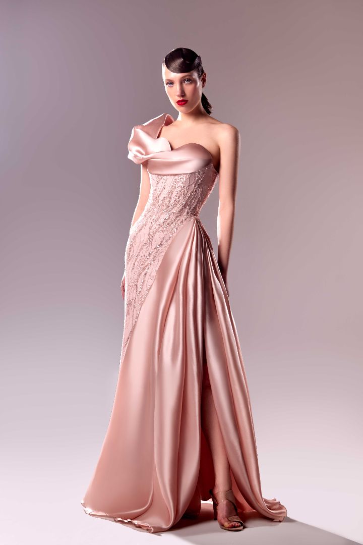 Gaby Charbachy 1631: One-Shoulder Draped Organdie and Lace Evening Dress