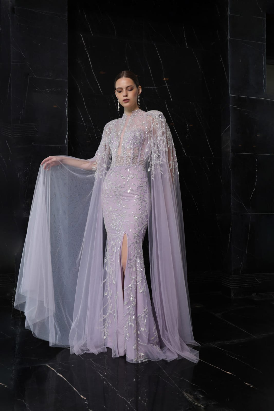 Azzure Couture FM9001 Embellished Cape Sleeve Evening Gown