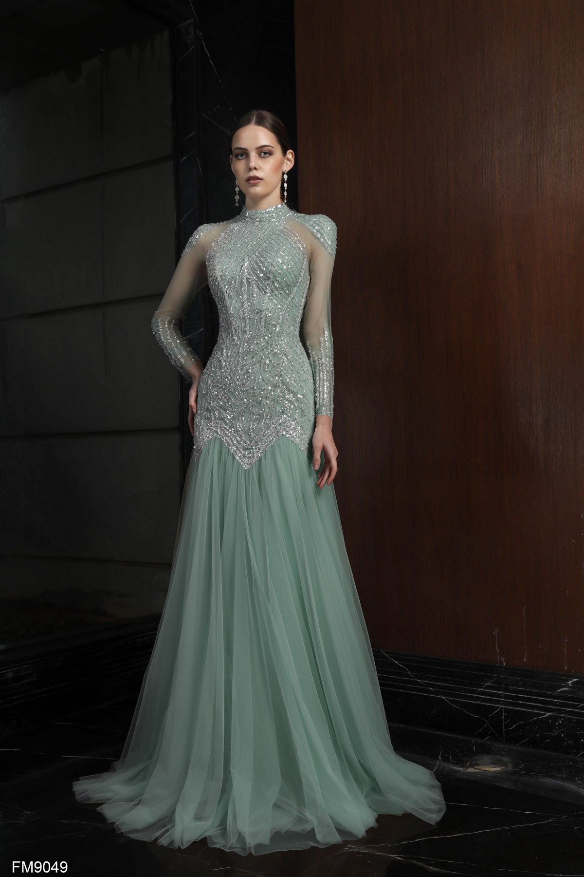 Elegant Sage Green Long Sleeve Illusion Gown with Beaded Bodice Rofial Beauty Elegant Sage Green Long Sleeve Illusion Gown with Beaded Bodice Rofial Beauty