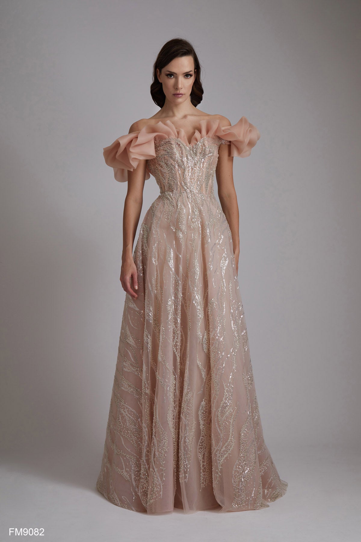 Elegant Pink Off-Shoulder Ruffle Gown with Beaded Bodice