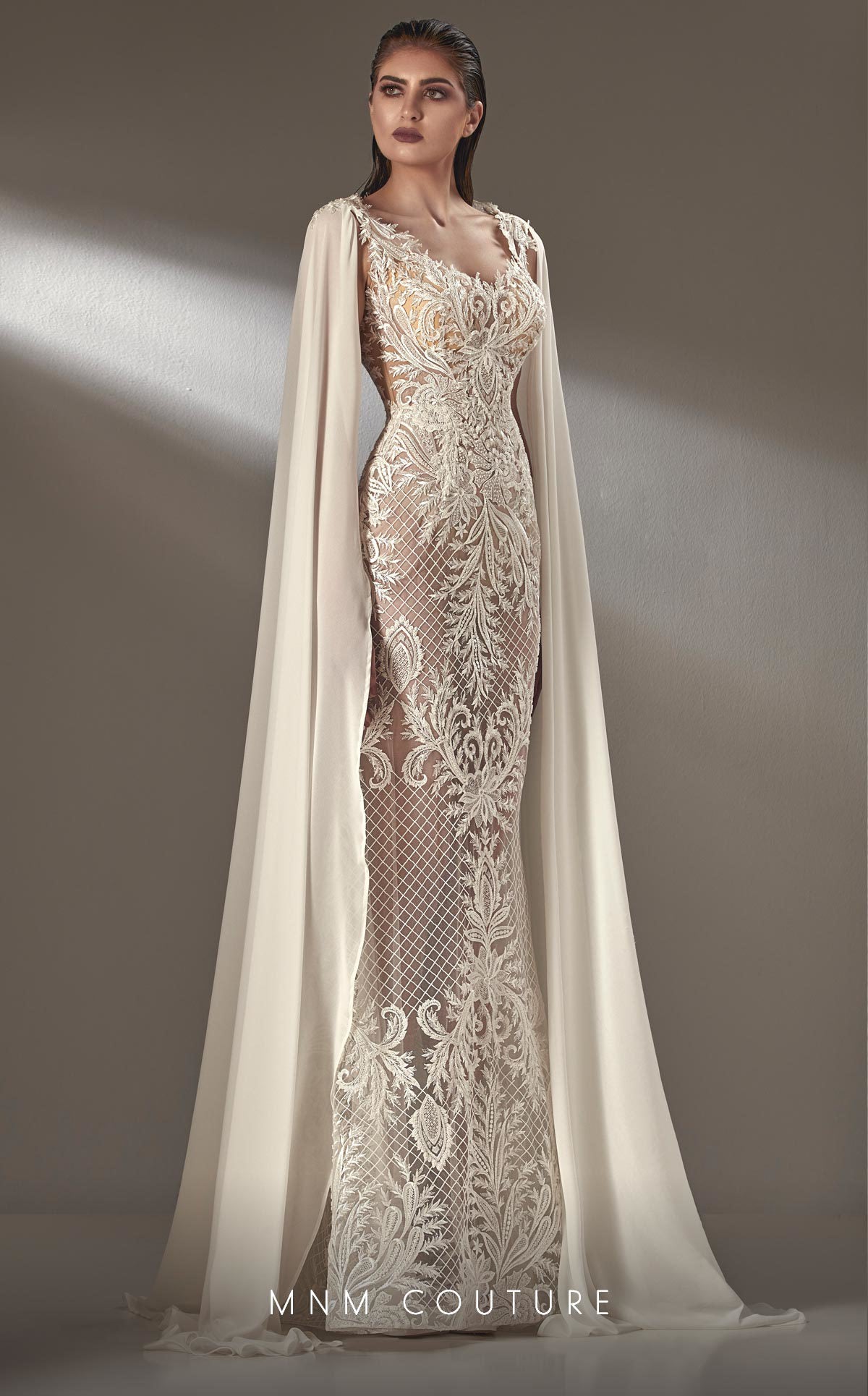 MNM-Couture-K3890-Beaded-Off-Silver-Evening-Gown-Lace-Ethereal-Couture-Look-Front-View - Rofial Beauty