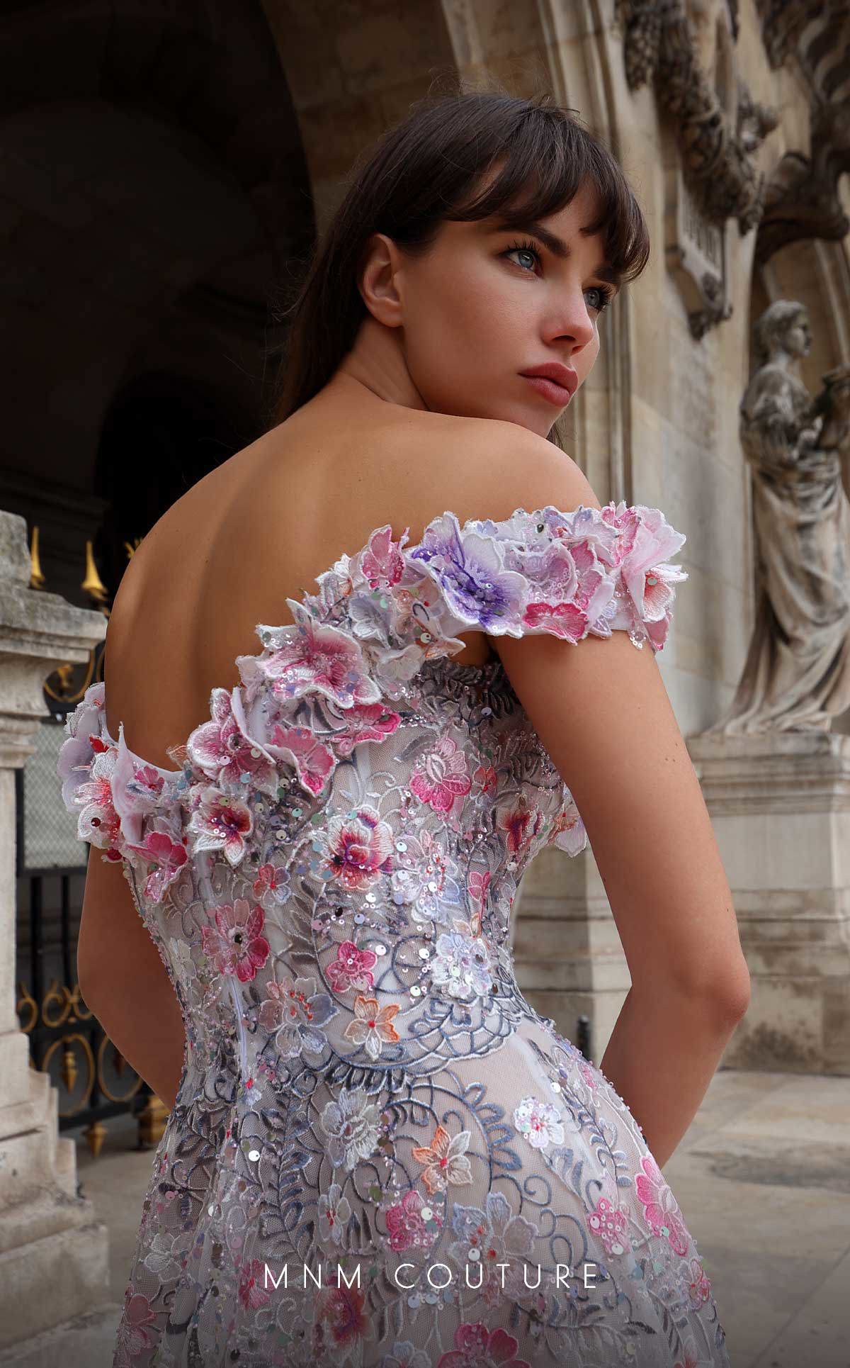 MNM Couture K4013 Off-Shoulder Floral Beaded A-Line Evening Gown – White