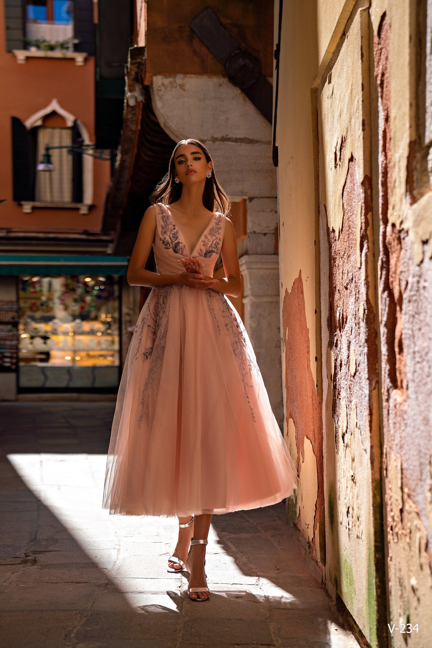 Blush Reverie: Embroidered Tulle Midi Gown with Botanical Detailing – V-234