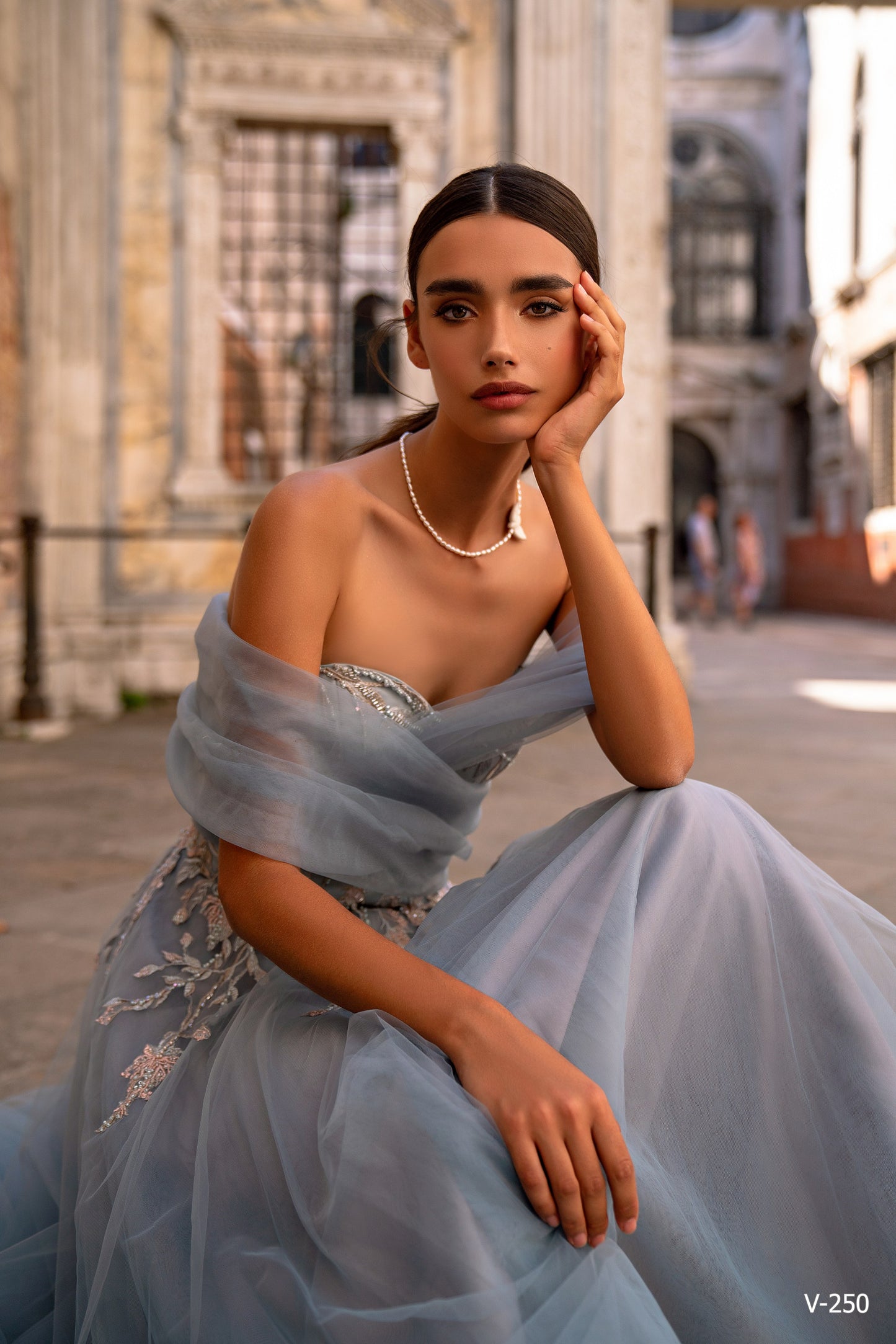 Silver Mist: Ice Blue Off-Shoulder Gown with Removable Embroidered Sleeves – V-250
