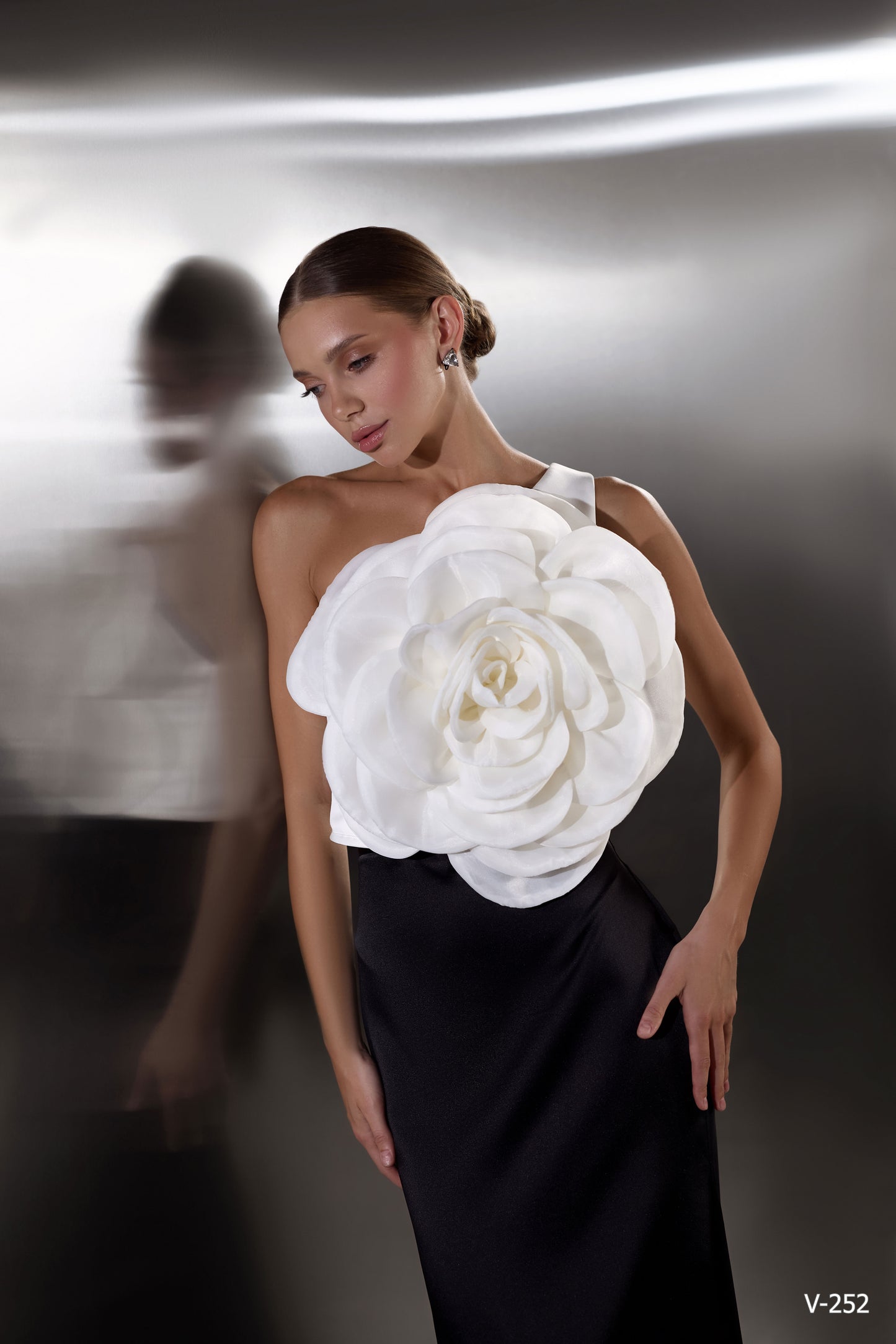 Midnight Bloom Set: Black Satin Skirt & 3D Floral Top Two-Piece Gown