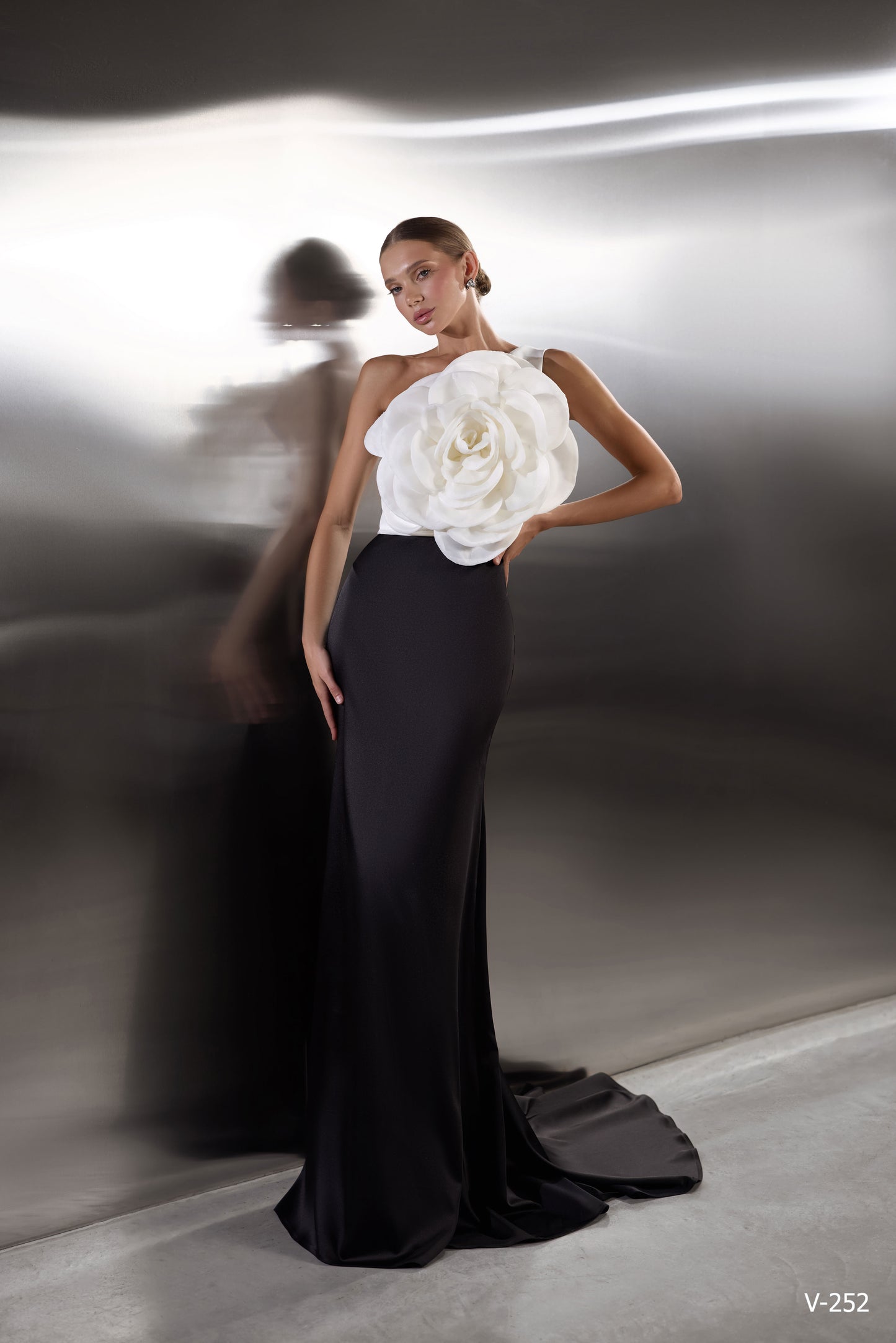Midnight Bloom Set: Black Satin Skirt & 3D Floral Top Two-Piece Gown
