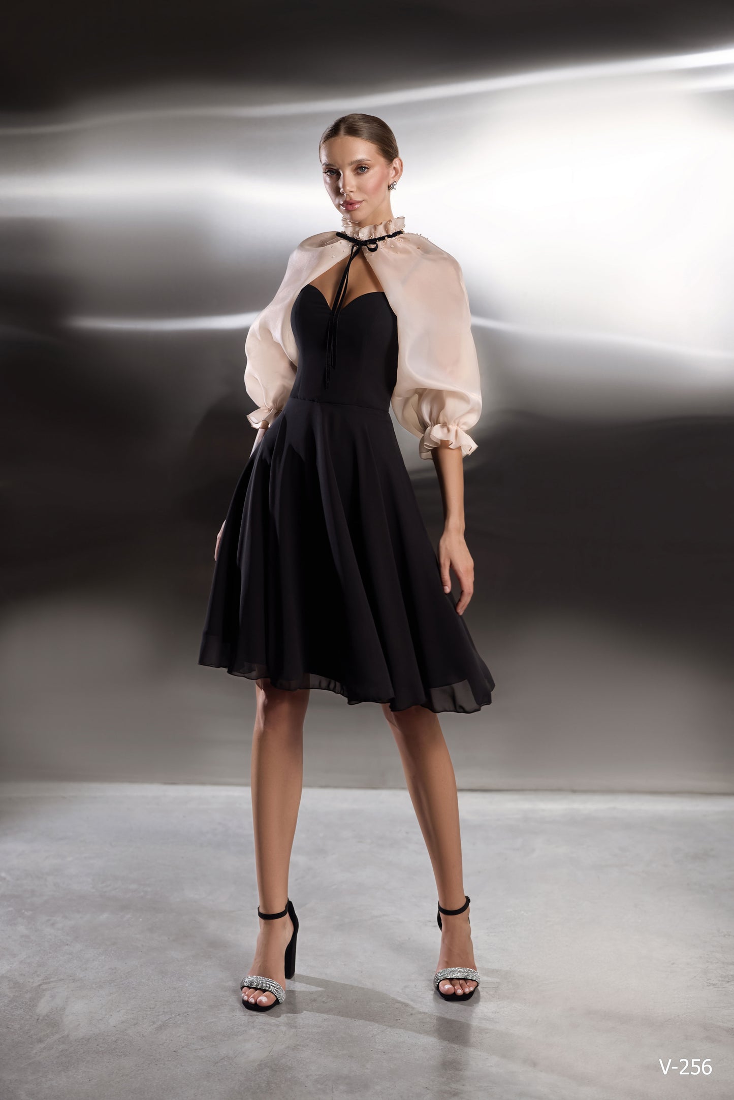 Velvet Grace: Black Cocktail Dress with Sheer Pearl Capelet