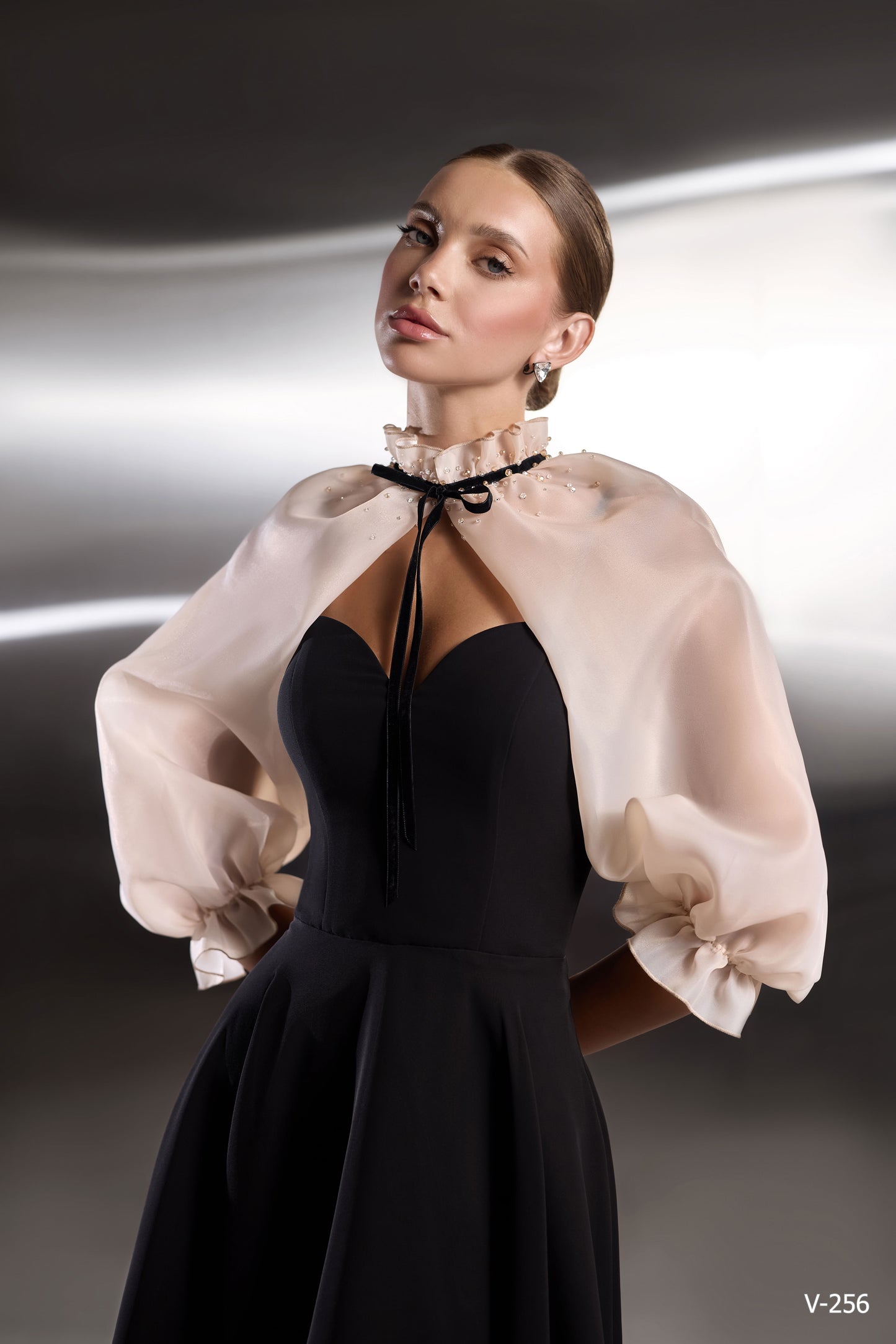 Velvet Grace: Black Cocktail Dress with Sheer Pearl Capelet