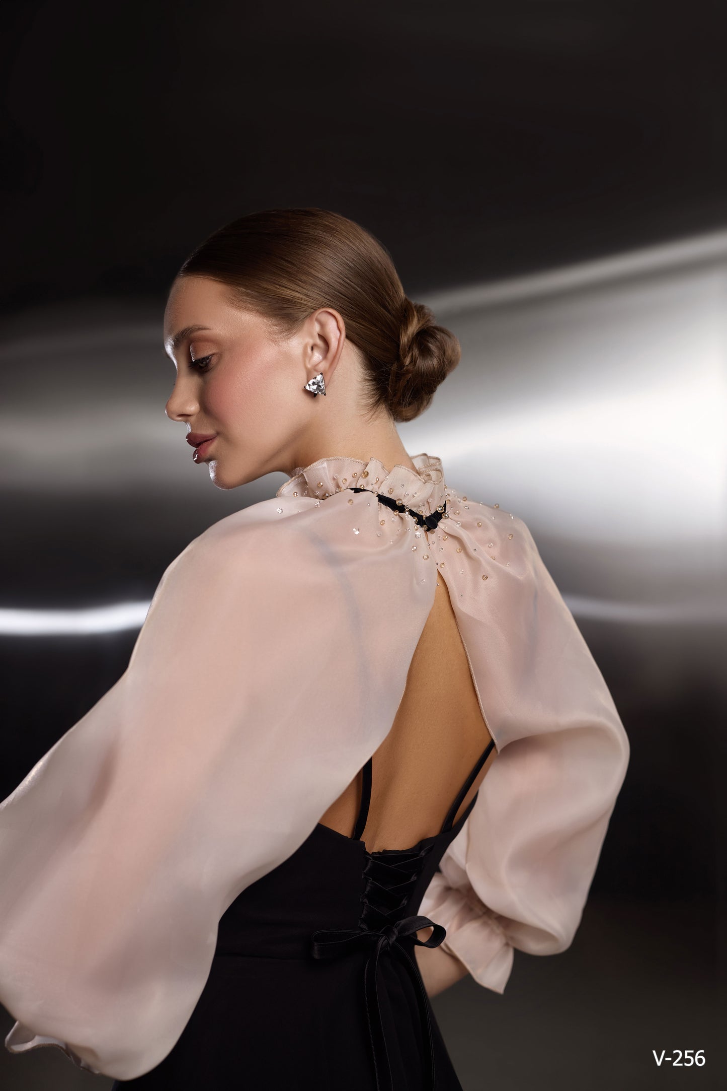 Velvet Grace: Black Cocktail Dress with Sheer Pearl Capelet