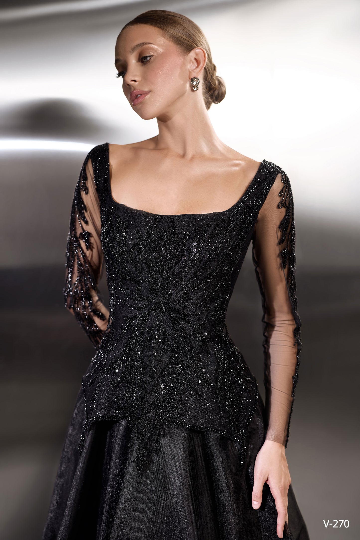 Noir Majesty: Hand-Beaded Illusion Sleeve Gown with Layered Tulle Skirt – V-270