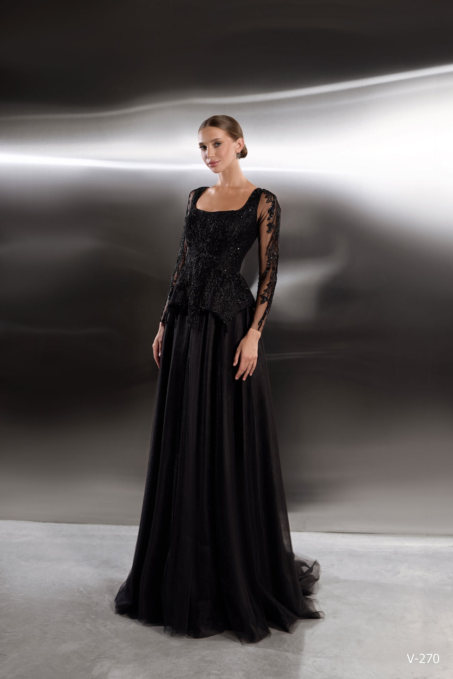 Noir Majesty: Hand-Beaded Illusion Sleeve Gown with Layered Tulle Skirt – V-270