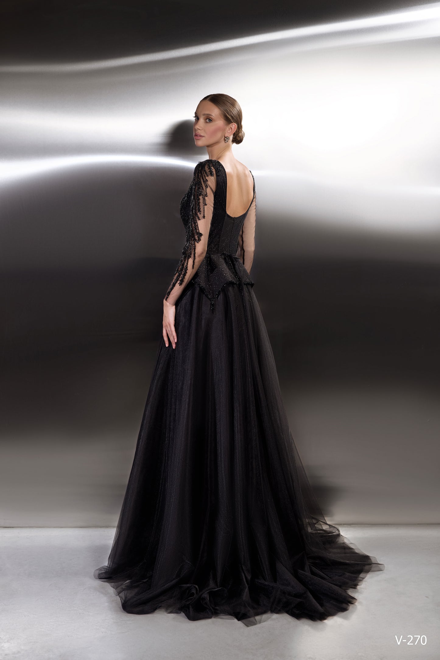Noir Majesty: Hand-Beaded Illusion Sleeve Gown with Layered Tulle Skirt – V-270