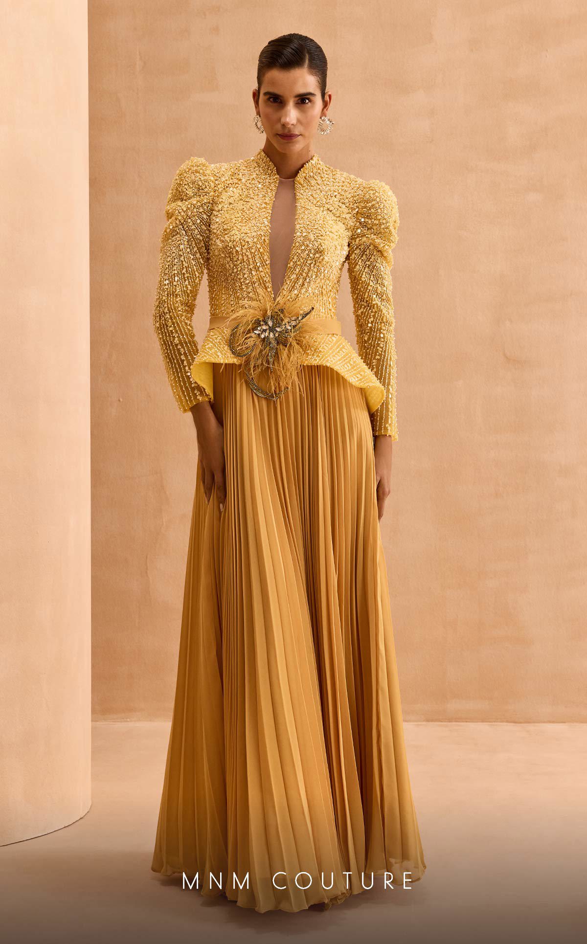 Elegant Embellished Evening Gown with Pleated Skirt in Yellow and Green
