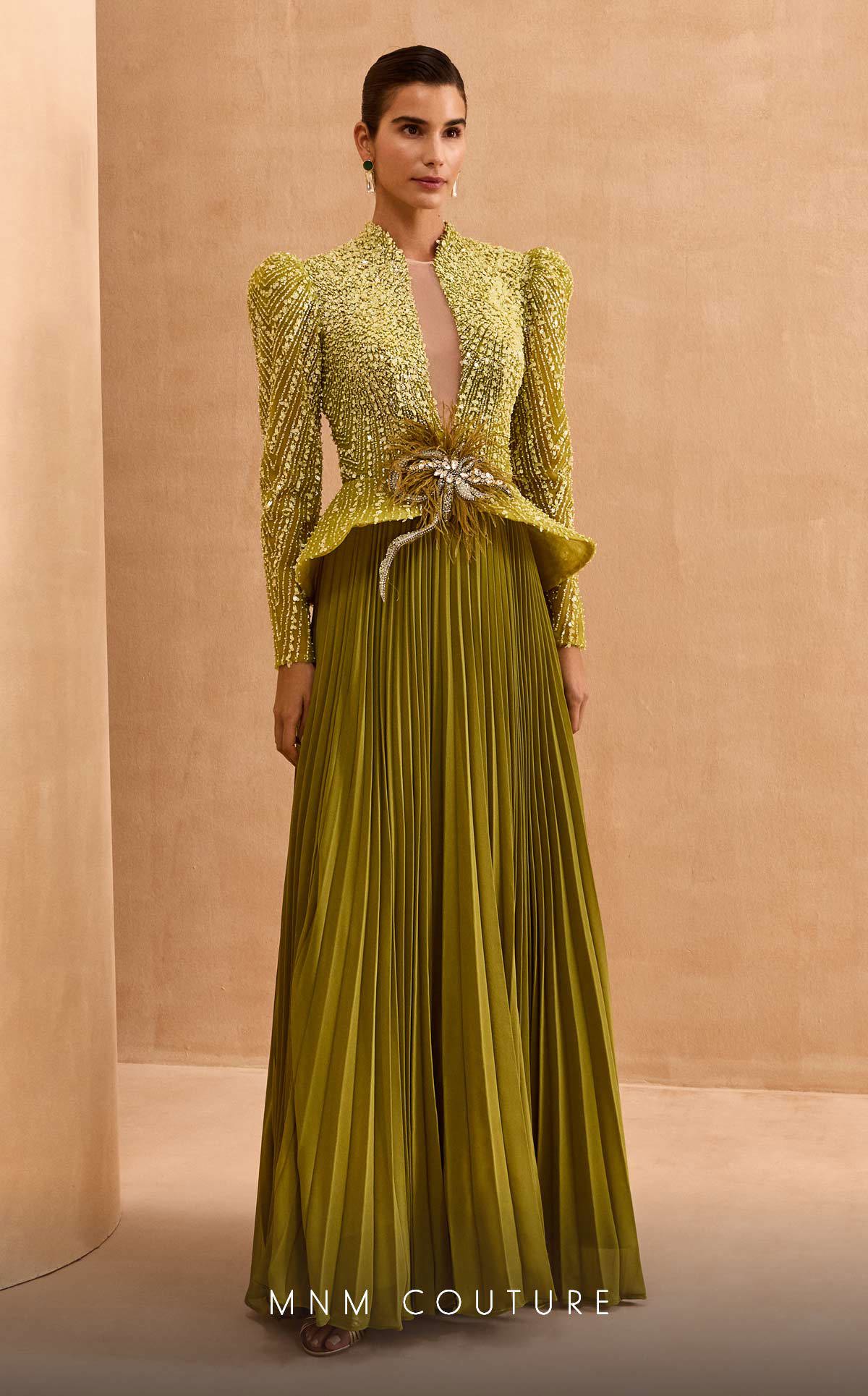 Elegant Embellished Evening Gown with Pleated Skirt in Yellow and Green