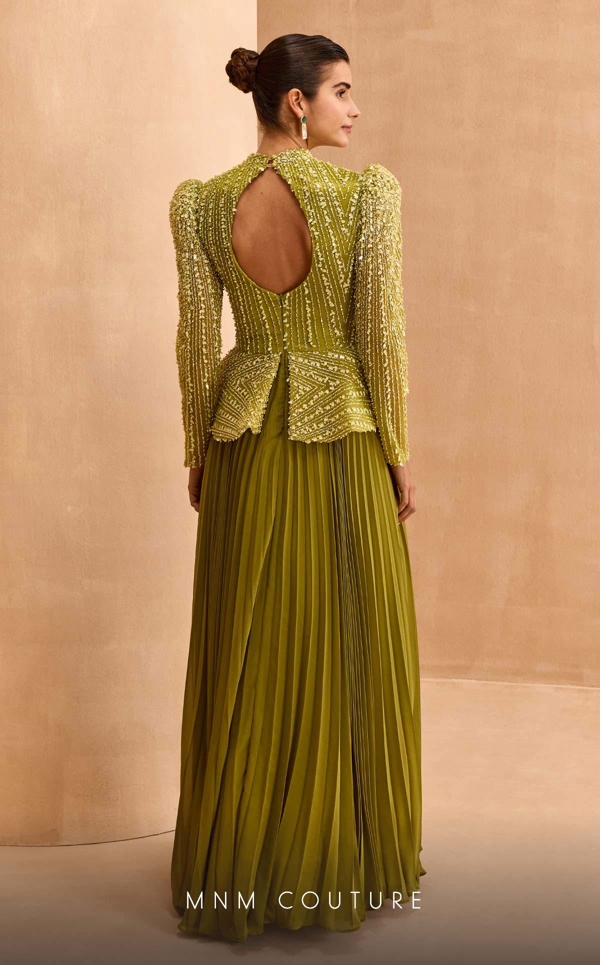 Elegant Embellished Evening Gown with Pleated Skirt in Yellow and Green