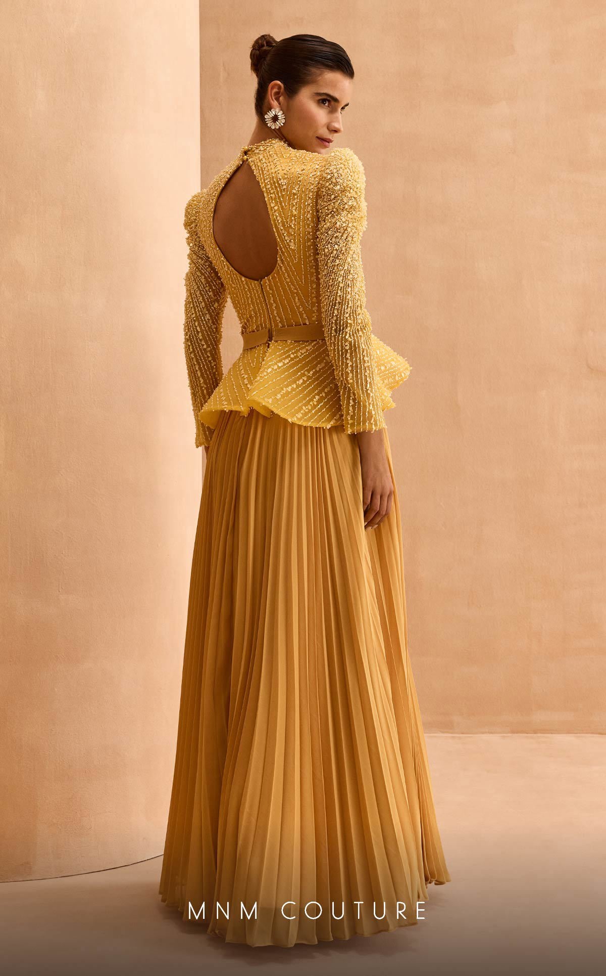 Elegant Embellished Evening Gown with Pleated Skirt in Yellow and Green