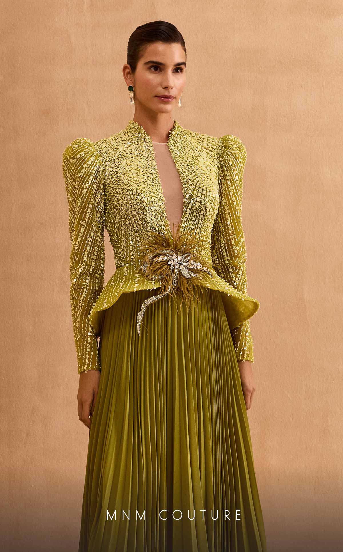 Elegant Embellished Evening Gown with Pleated Skirt in Yellow and Green