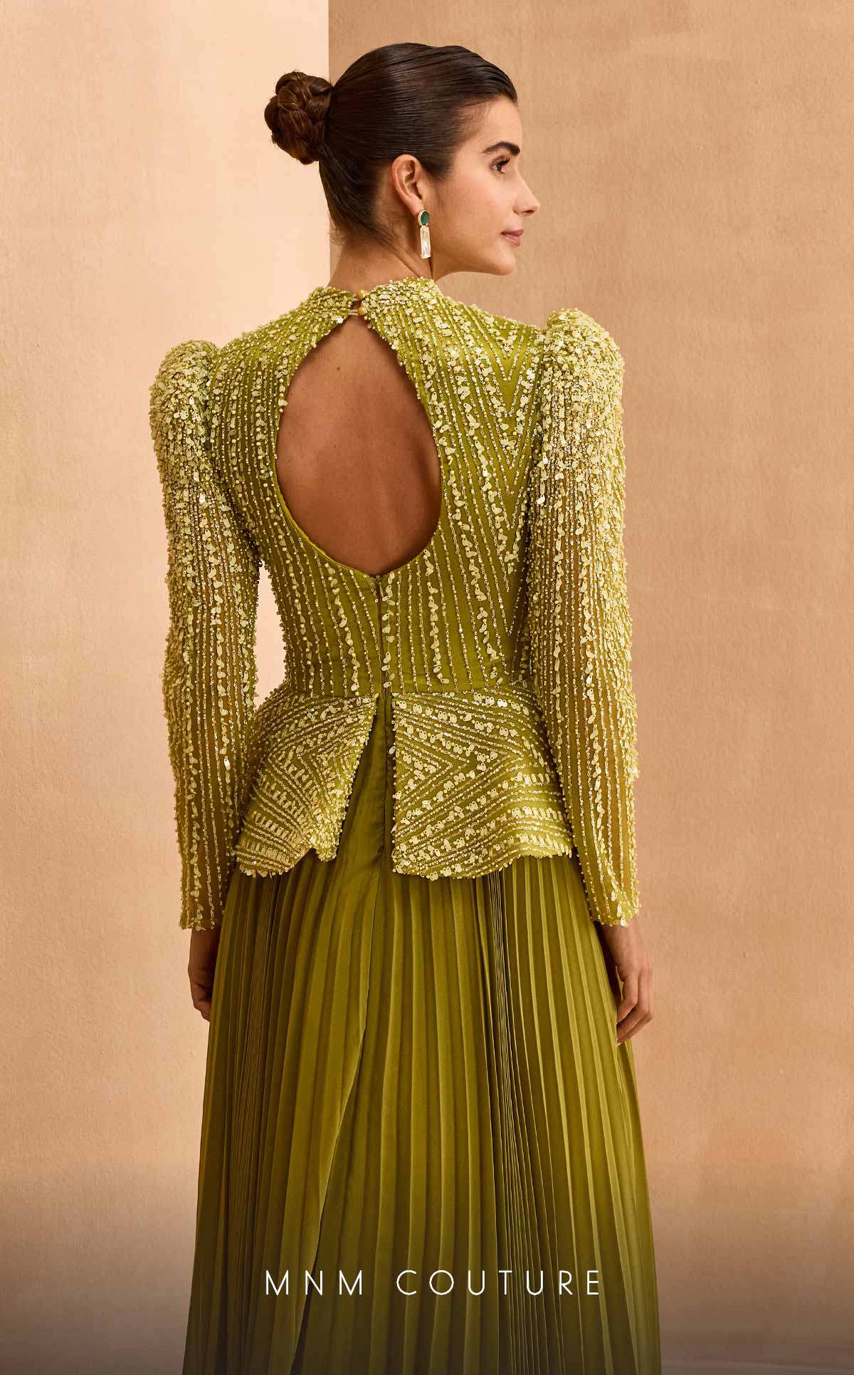 Elegant Embellished Evening Gown with Pleated Skirt in Yellow and Green