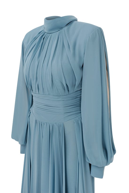 Blue High-Neck Gown with Dramatic Sleeves - MNM Couture 2706A