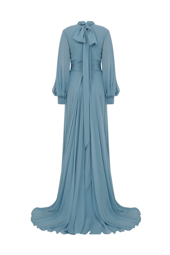 Blue High-Neck Gown with Dramatic Sleeves - MNM Couture 2706A