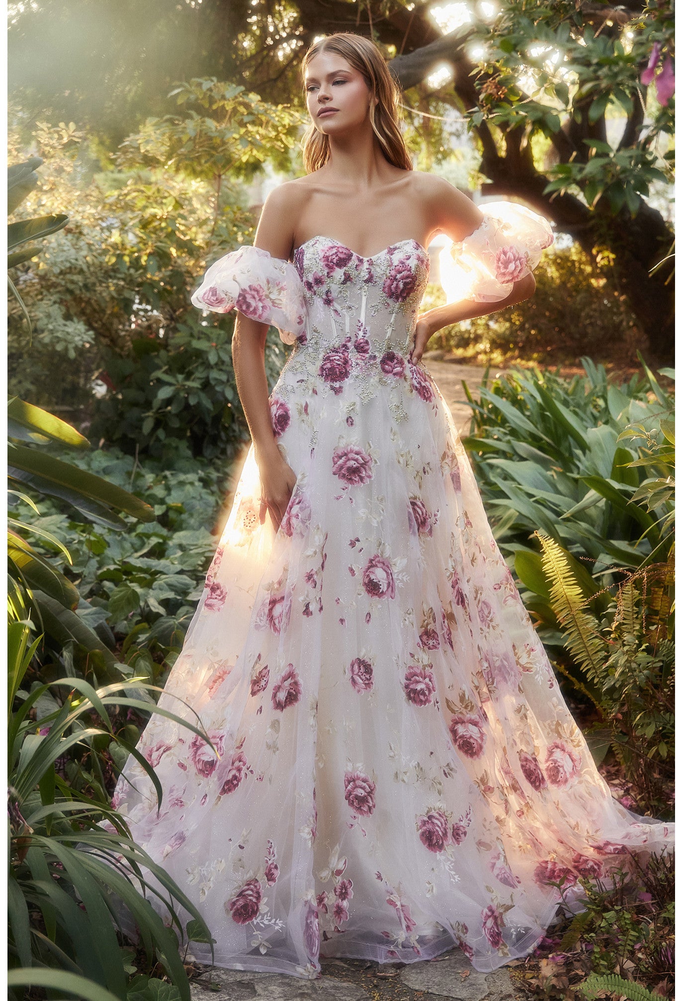 Andrea & Leo A1133 Strapless Organza Peony Print Ball Gown