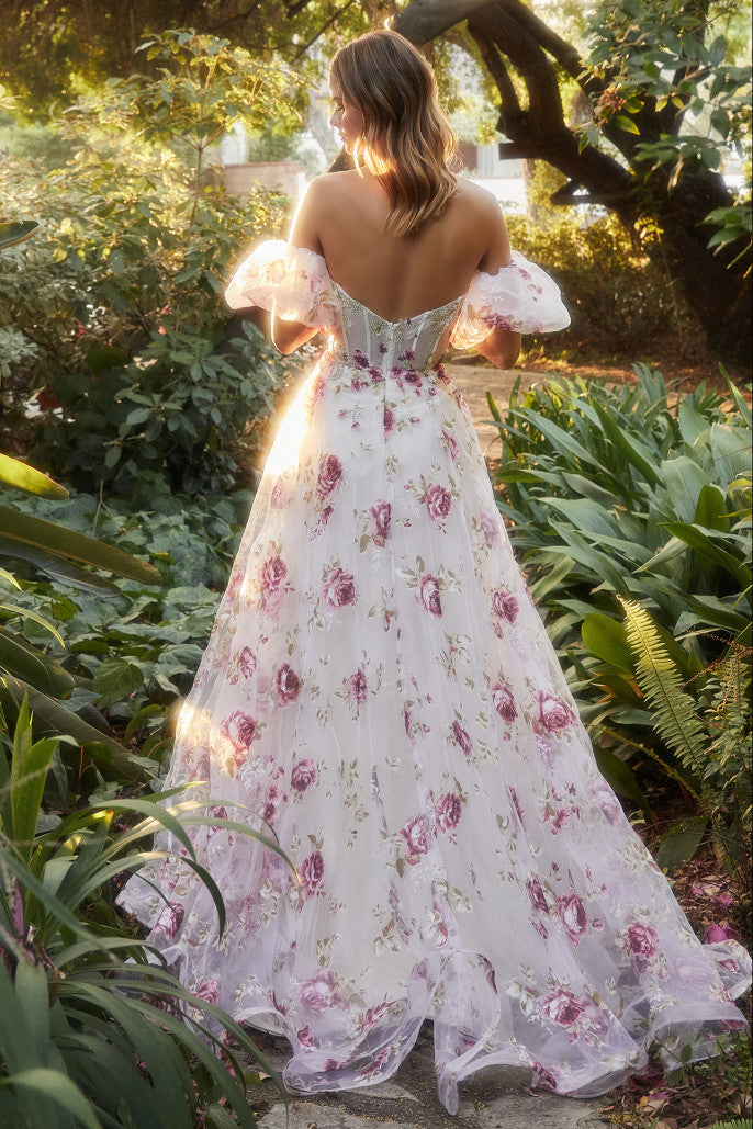 Andrea & Leo A1133 Strapless Organza Peony Print Ball Gown
