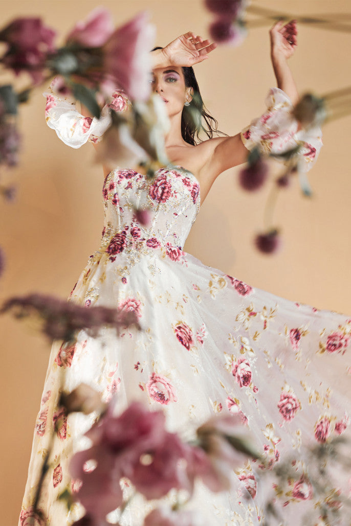 Andrea & Leo A1133 Strapless Organza Peony Print Ball Gown