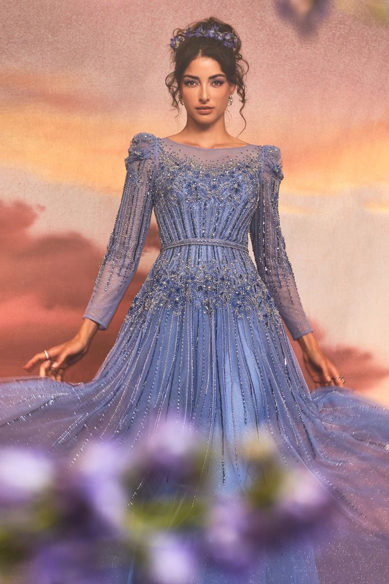 Whimsical Azurite Embellished Gown with Layered Glitter Tulle