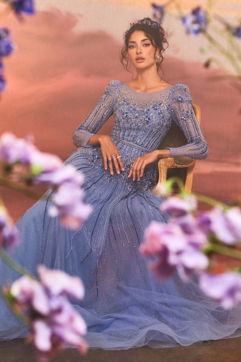 Whimsical Azurite Embellished Gown with Layered Glitter Tulle