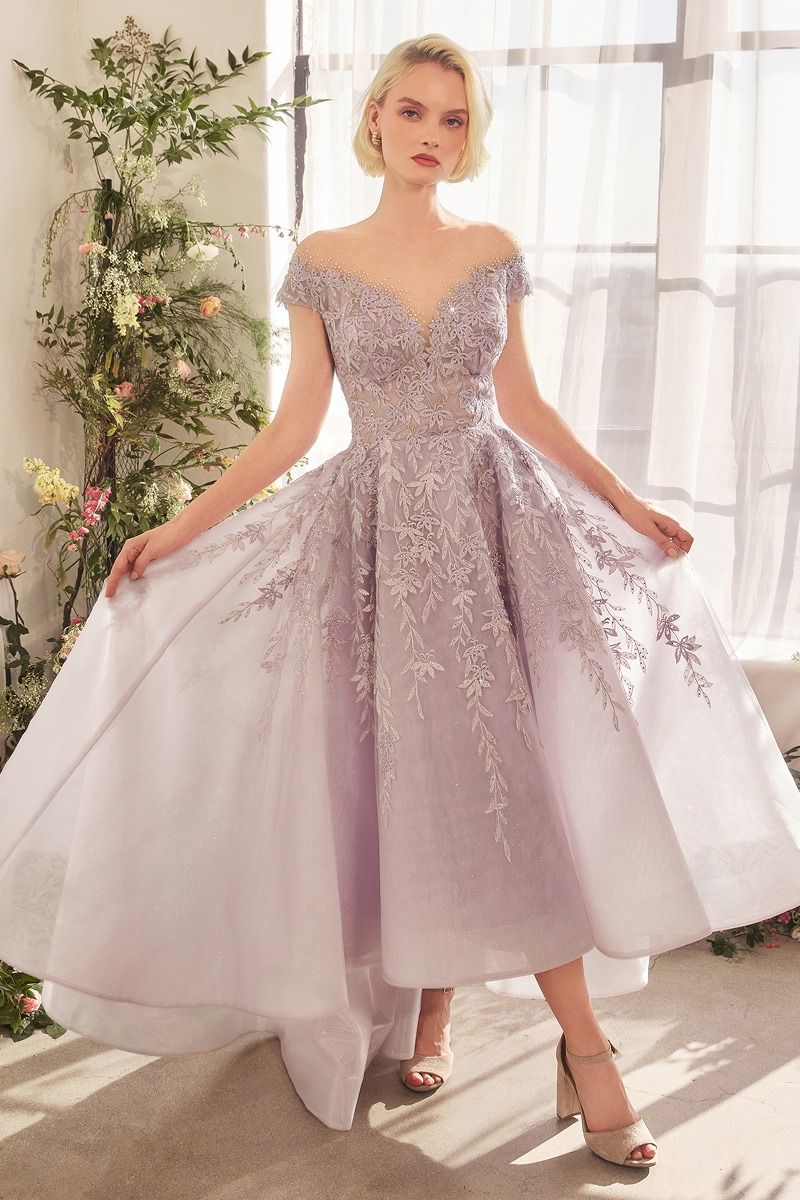 Andrea & Leo A1454 – Elegant Lavender Tea-Length Dress with Illusion Neckline & Lace Appliqué