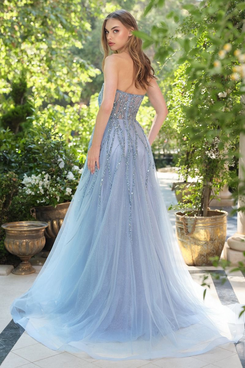 Andrea & Leo A1491 Strapless Beaded Tea-Length Cocktail Dress – Smoky Blue