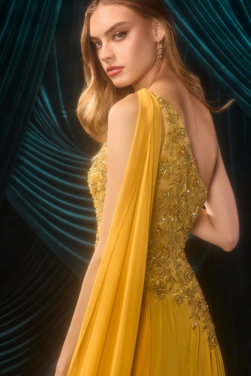 Andrea & Leo A1495 One-Shoulder Beaded Cape Evening Gown – Marigold