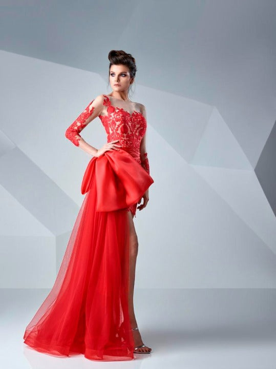 Gaby Charbachy GC 632 Side Net Train Red Dress on Model