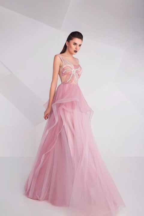 Detail of Minimalist Thread Motif Embroidery on Gaby Charbachy GC 594 Pink Taffy Gown - Rofial Beauty