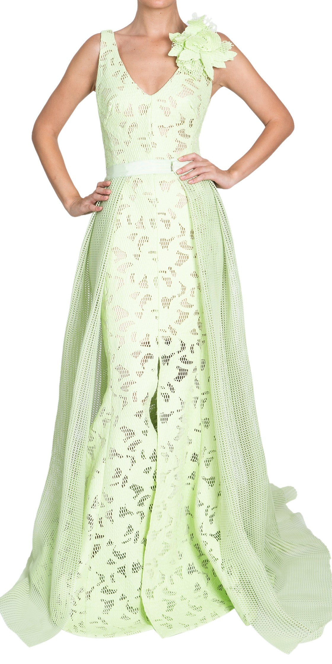 Gemy Maalouf Pistachio and Coral Dresses with a Brooch - Rofial Beauty