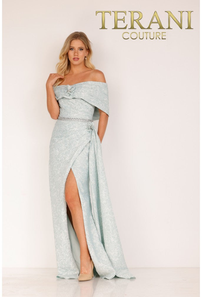 Terani Couture Silver Long Stretch Jacquard Evening Dress - 2011e2105 Rofial Beauty Terani Couture Silver Long Stretch Jacquard Evening Dress - 2011e2105 Rofial Beauty