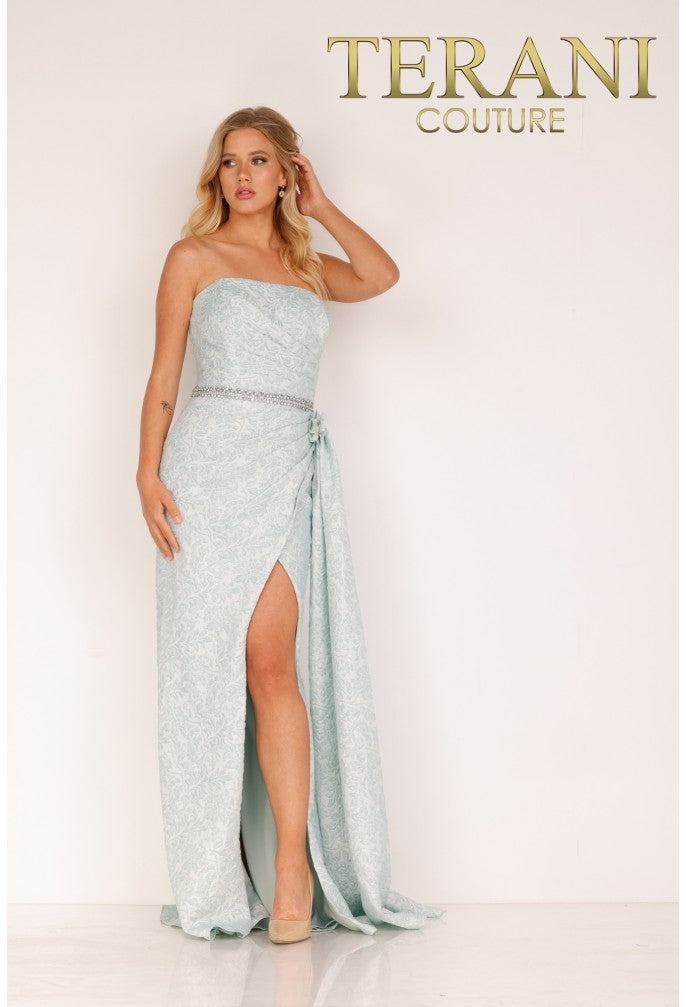 Terani Couture Silver Long Stretch Jacquard Evening Dress - 2011e2105