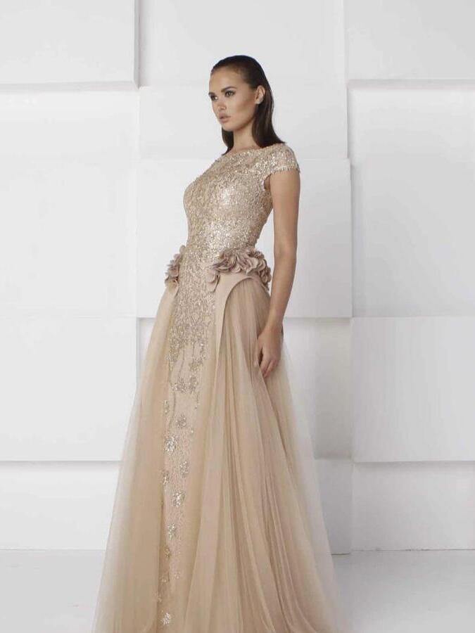 Beige Shiny Embroidered Dress - Rofial Beauty