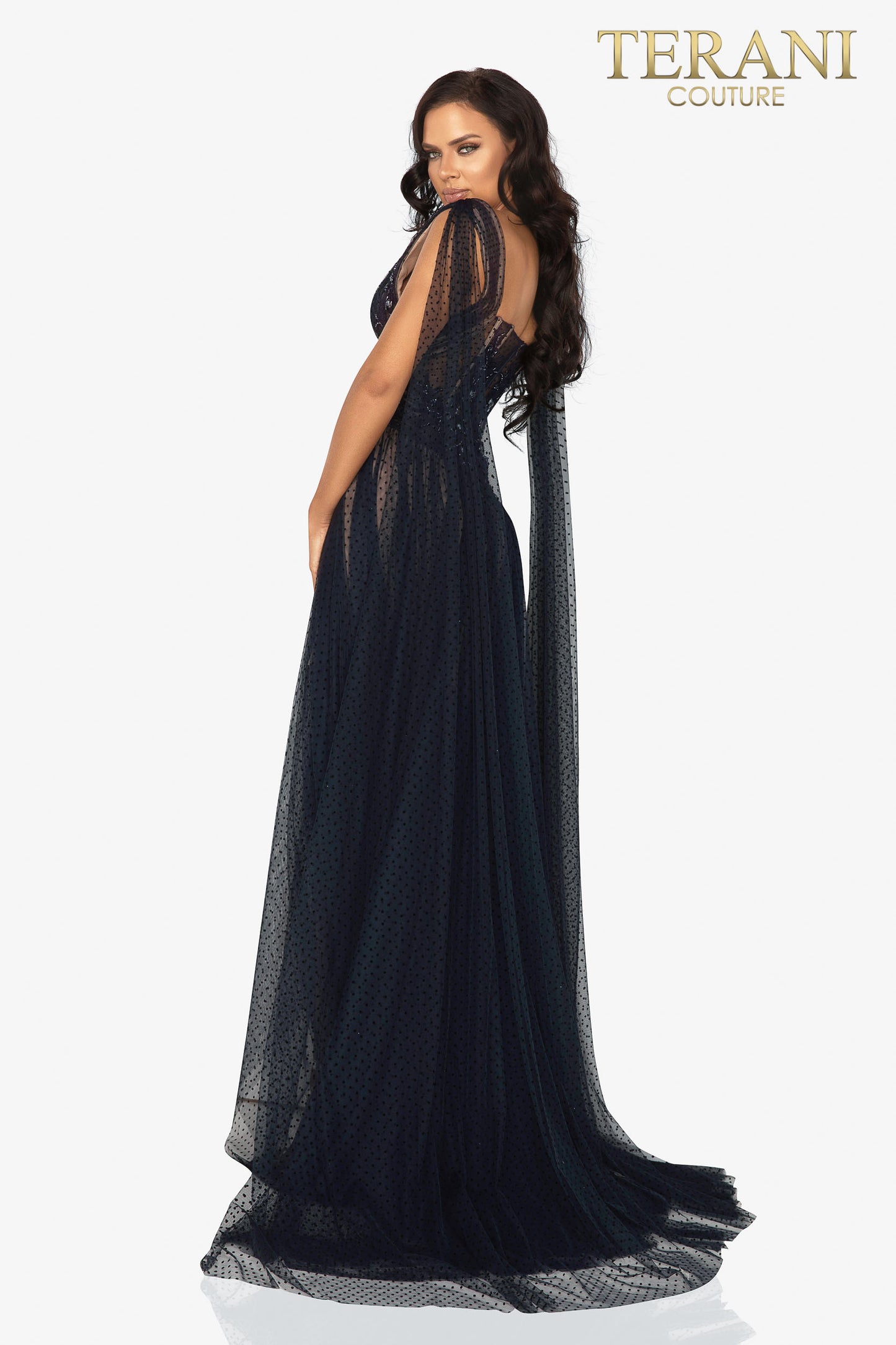 Dainty Rouched Dotted Tulle Evening Gown With Shoulder Trains - Rofial Beauty
