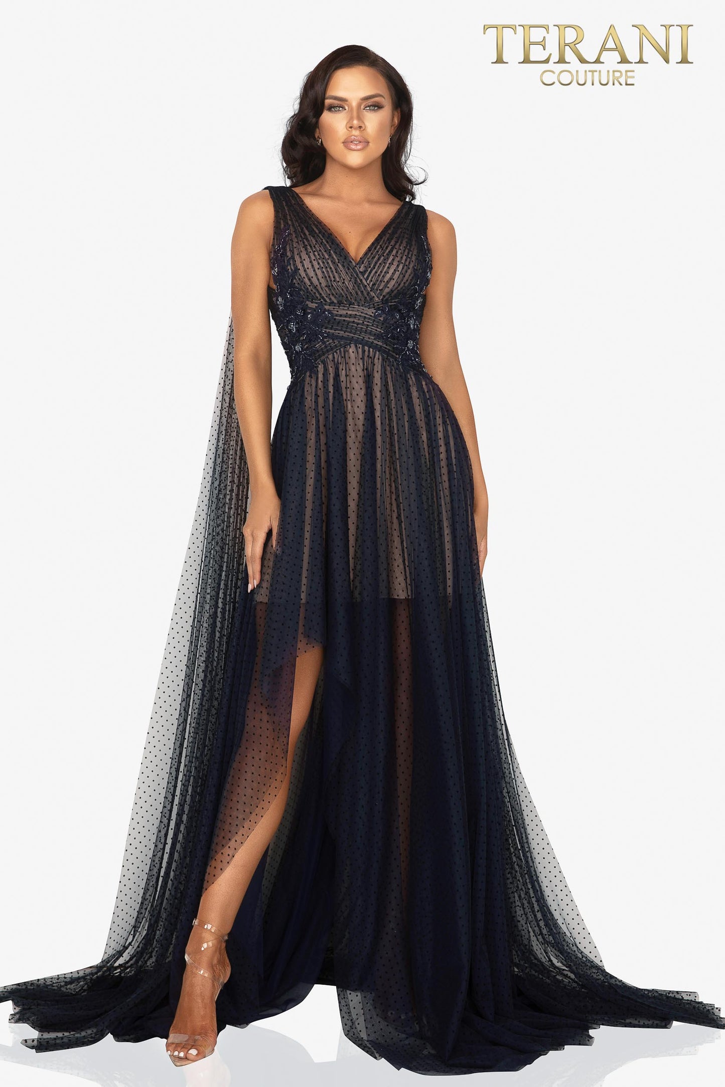 Dainty Rouched Dotted Tulle Evening Gown With Shoulder Trains - Rofial Beauty